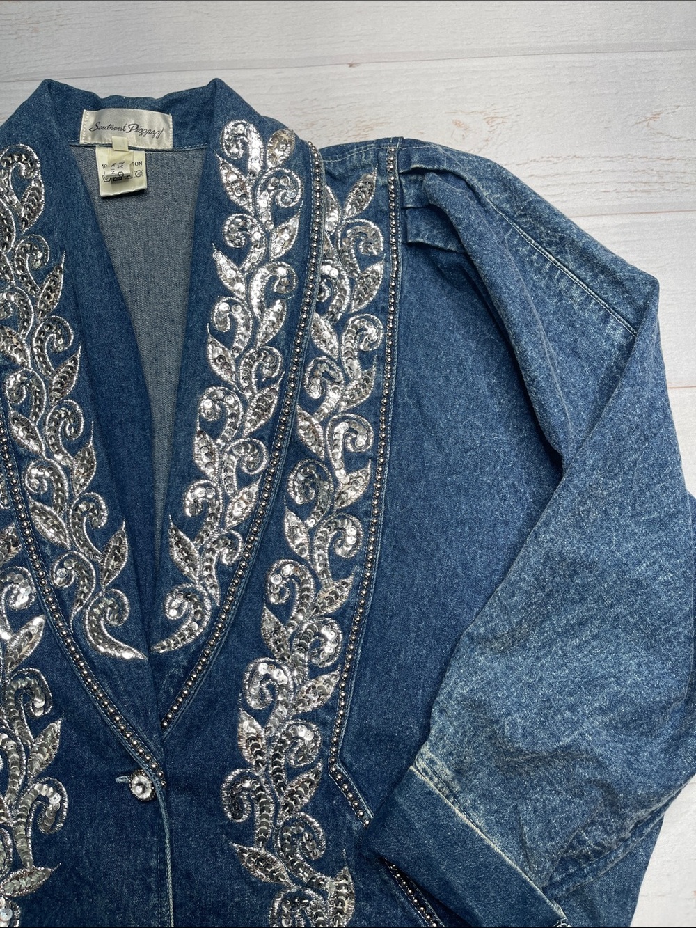 Vintage Denim Sequins Jacket 80s Large Beaded Cotton Long Length Golden Girls L - Picture 16 of 16